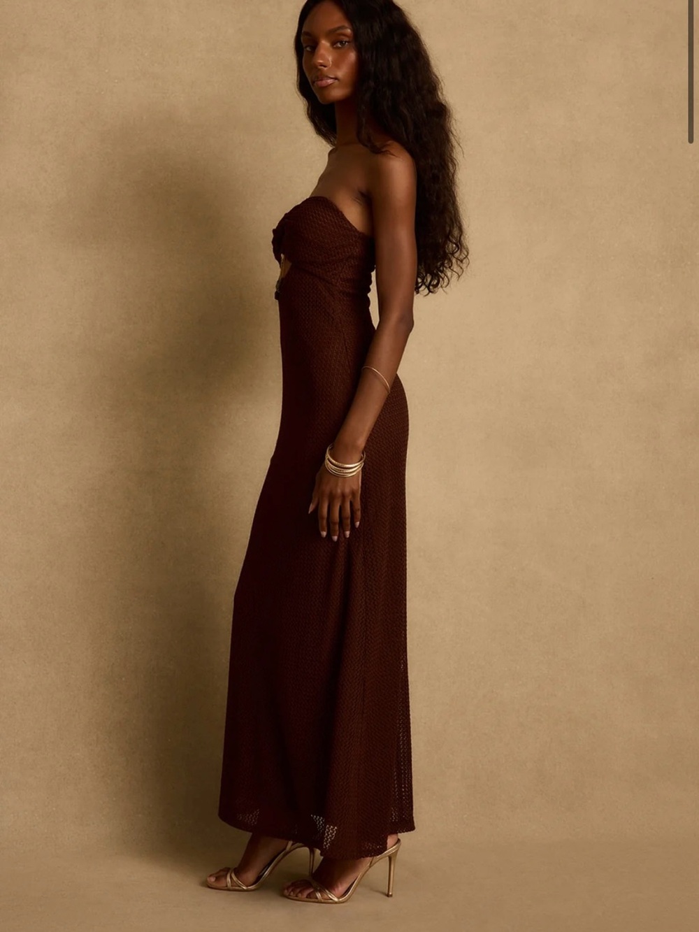 12th Tribe Strapless Chocolate Brown Cutout Midi Dress with Gold Accents - Picture 3 of 7